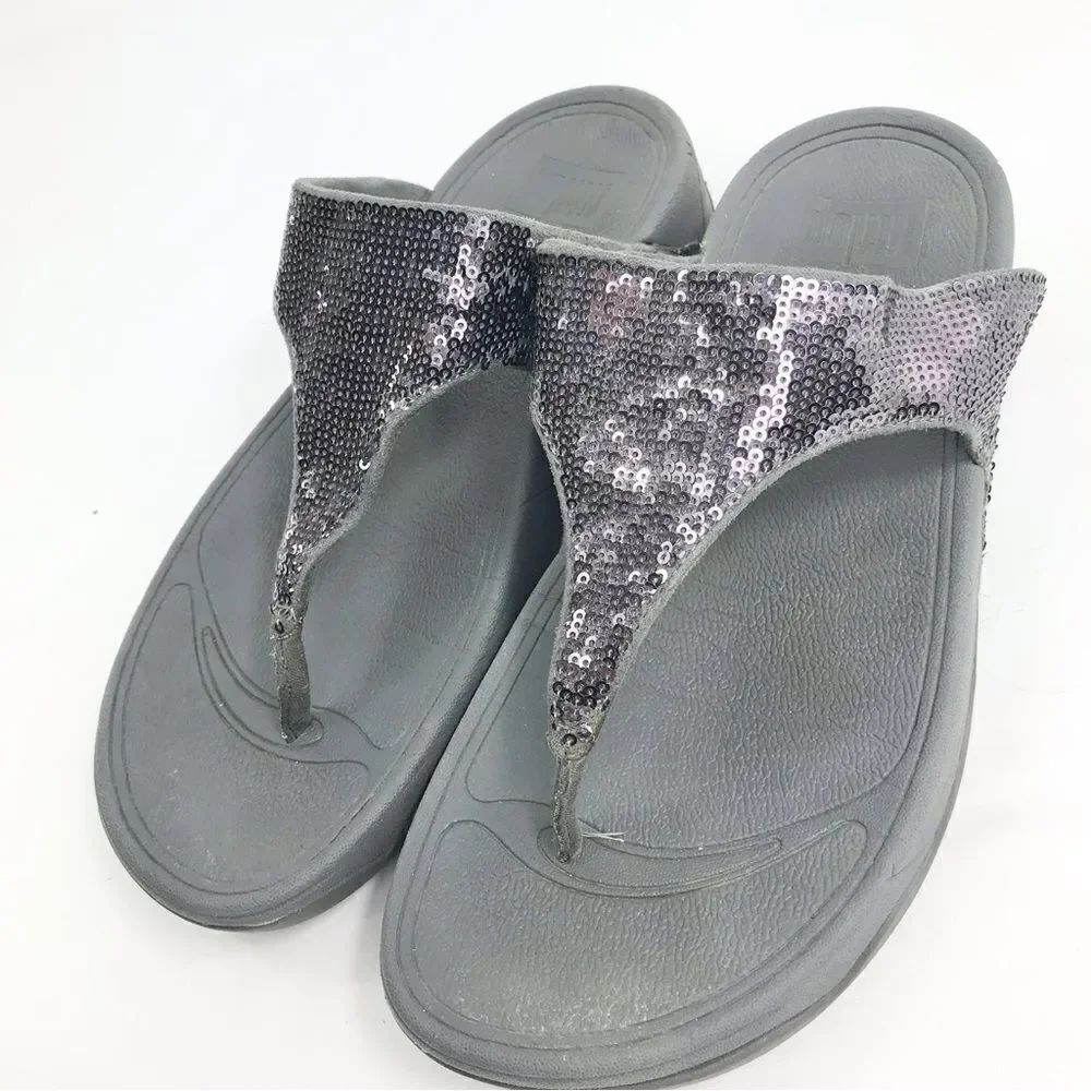 FitFlop LULU T Strap Gray Shimmer Sequin Orthopedic Thong Sandals